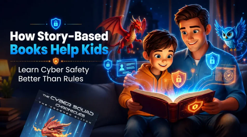 Father and son reading a story-based cyber safety book with fantasy characters, teaching kids online safety through engaging storytelling.