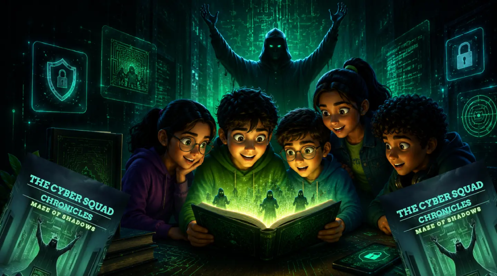 Five children discover a glowing cyber-mystery book while a shadowy hacker figure watches from a futuristic digital world in The Cyber Squad Chronicles: Maze of Shadows.