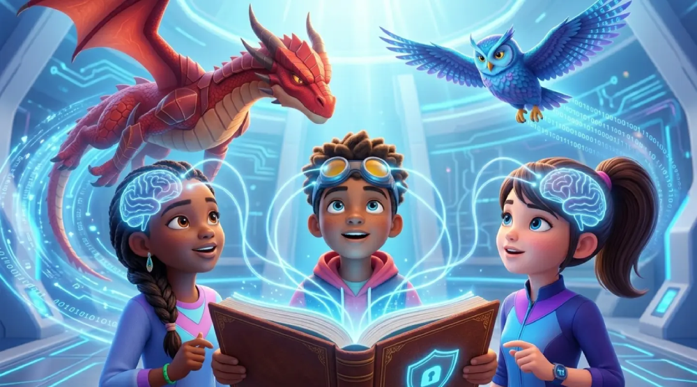 Children reading a story-based cyber safety book as a dragon, owl, and glowing brain graphics illustrate how storytelling improves learning, memory, and online safety awareness.