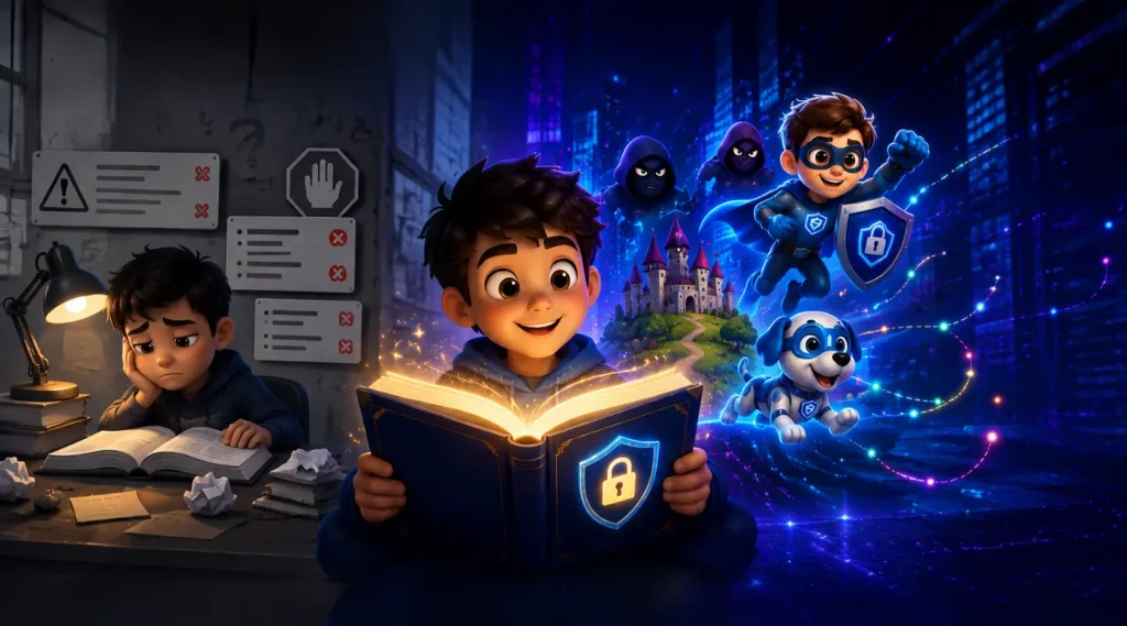 Child reading a cyber safety storybook that transforms online safety lessons into an exciting adventure with heroes, villains, and digital security themes.